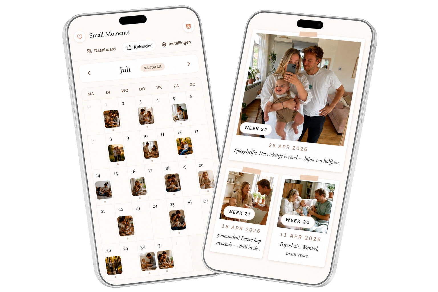 Small Moments app op twee telefoons — aftelkalender en groeikalender