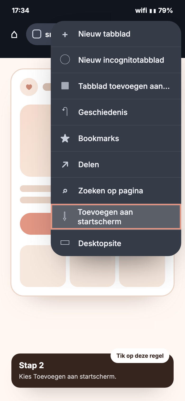 Android mockup met Toevoegen aan startscherm gemarkeerd