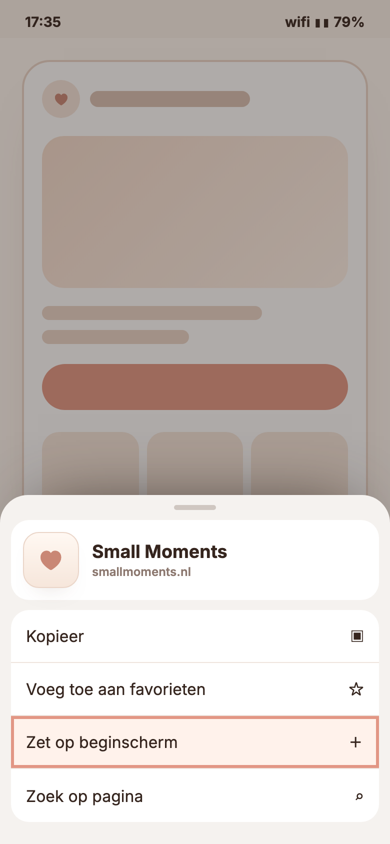 iPhone mockup met Zet op beginscherm gemarkeerd