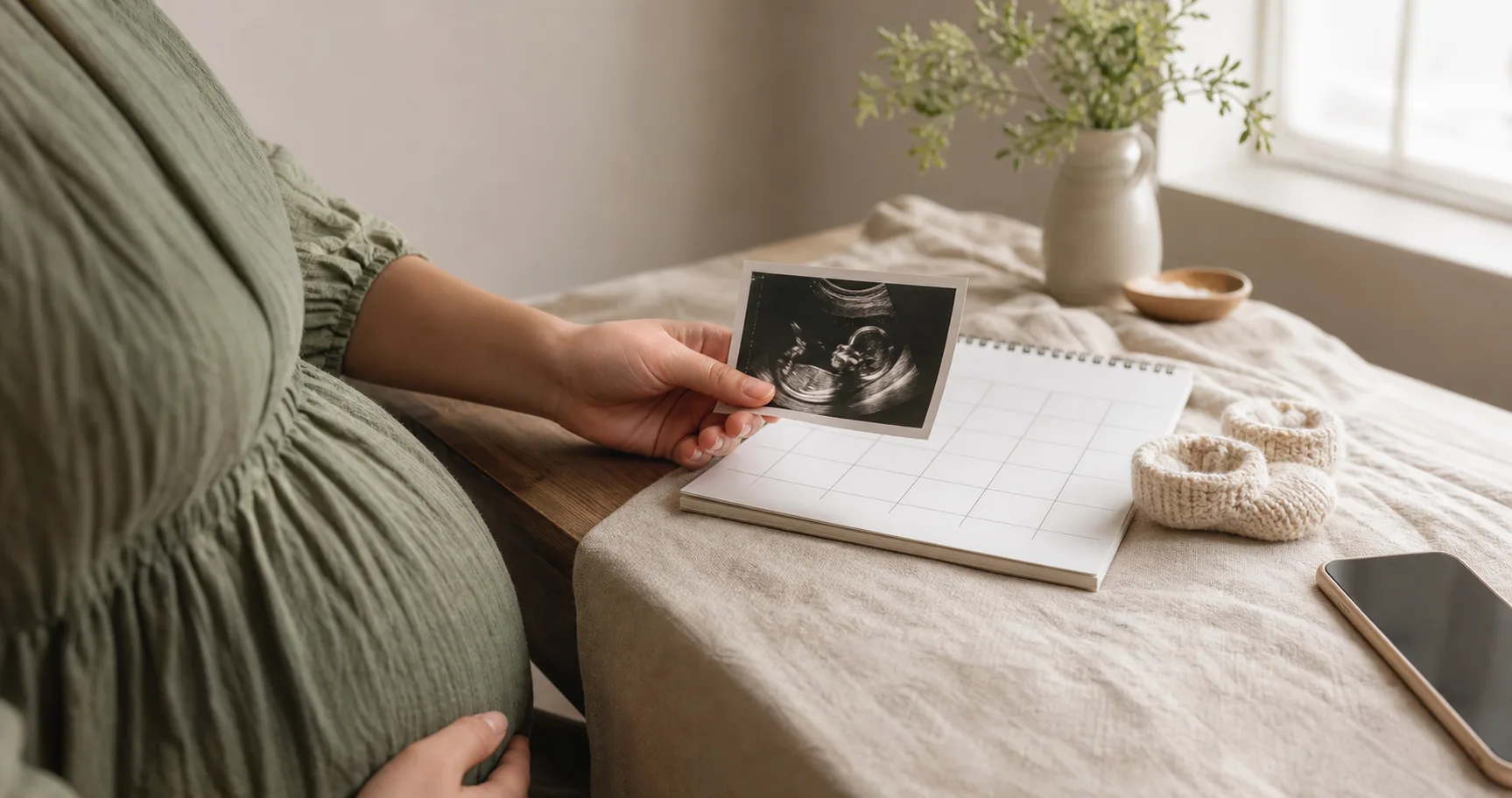 Aanstaande ouder met een echo, kalender en babykleertjes op een zachte tafel