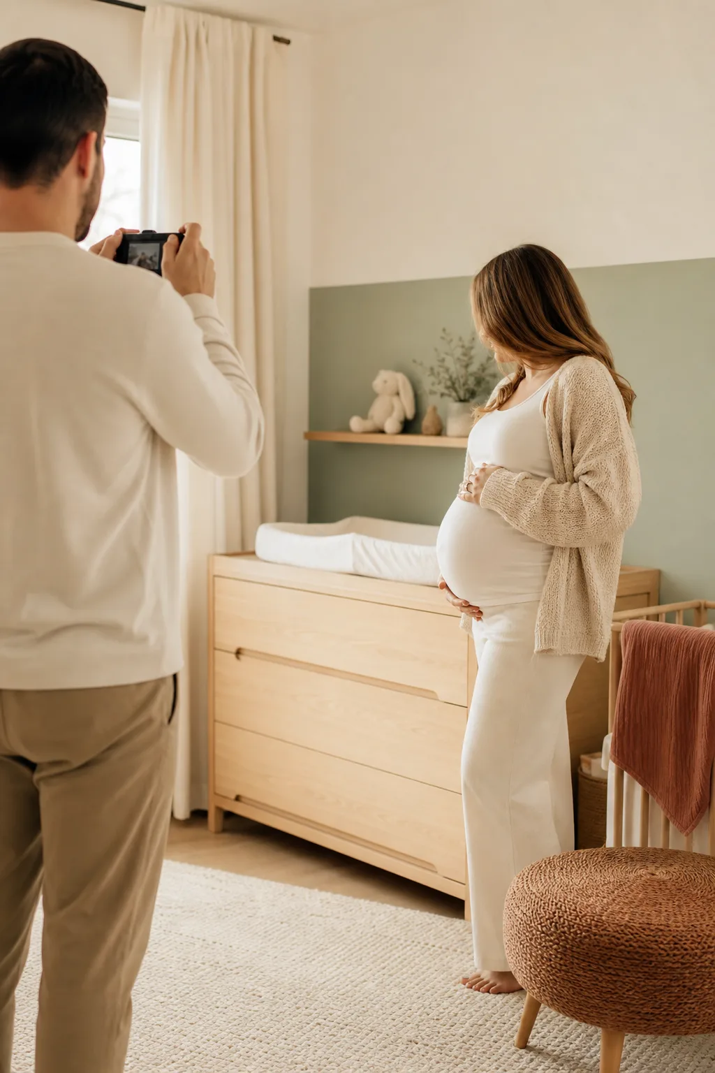Partner maakt een buikfoto in een rustige babykamer