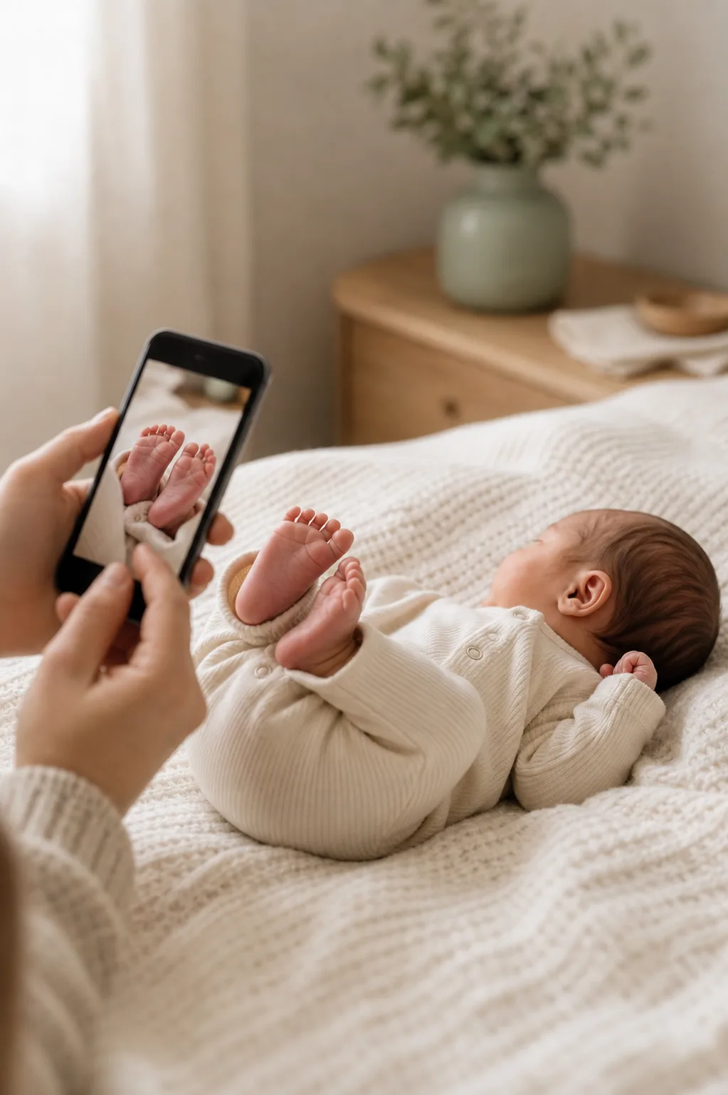 Ouder fotografeert de voetjes van een pasgeboren baby