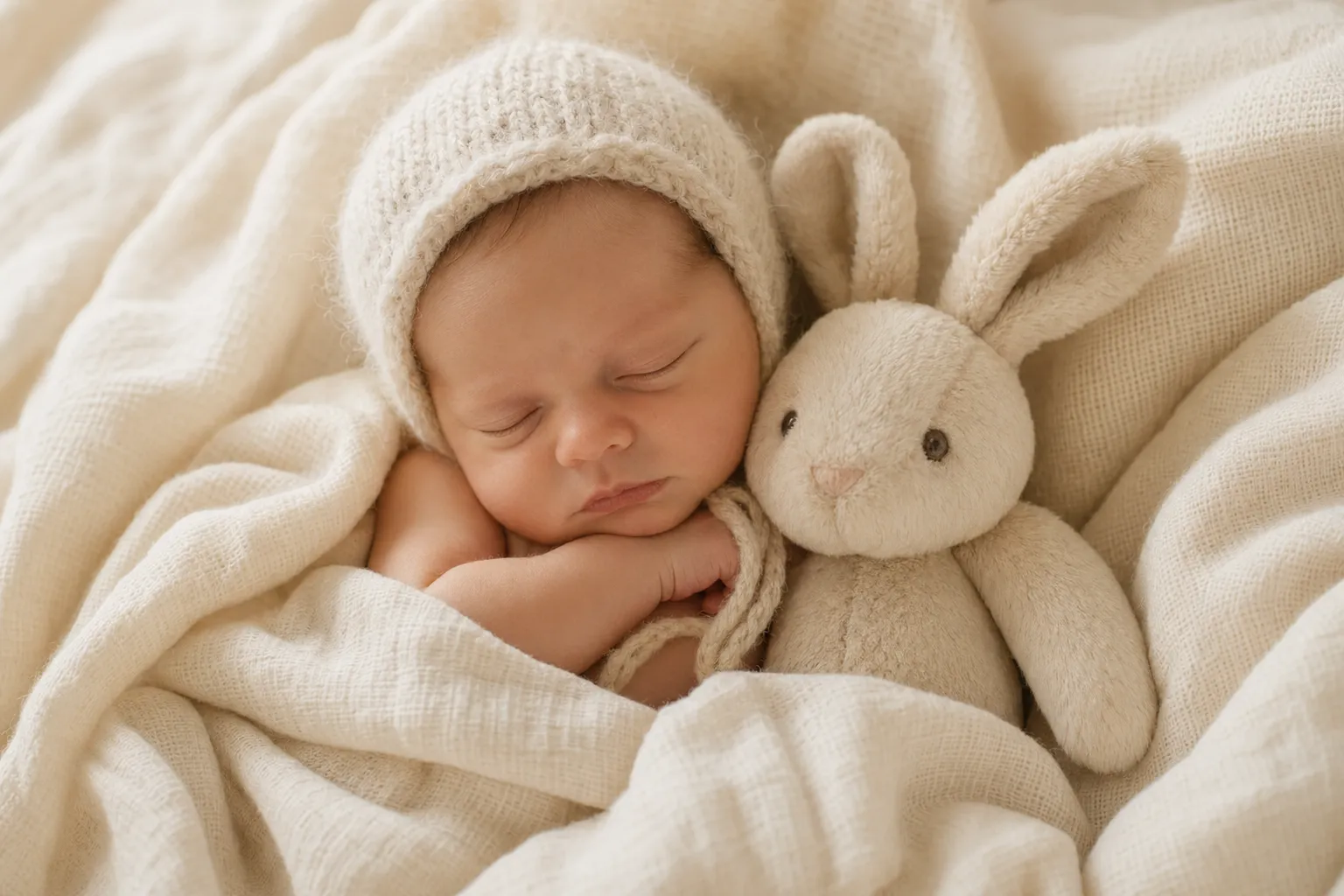 Pasgeboren baby met een konijntje-knuffel in een mandje