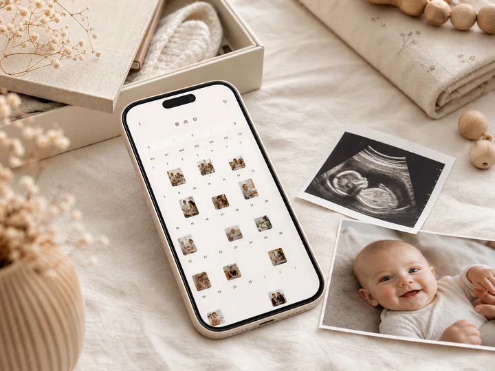 Telefoon met fotokalender in een geschenkdoos, naast echo- en babyfoto's