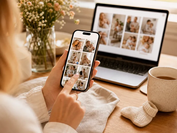 Moeder kiest foto's op haar telefoon, de kalender opent mee op de laptop