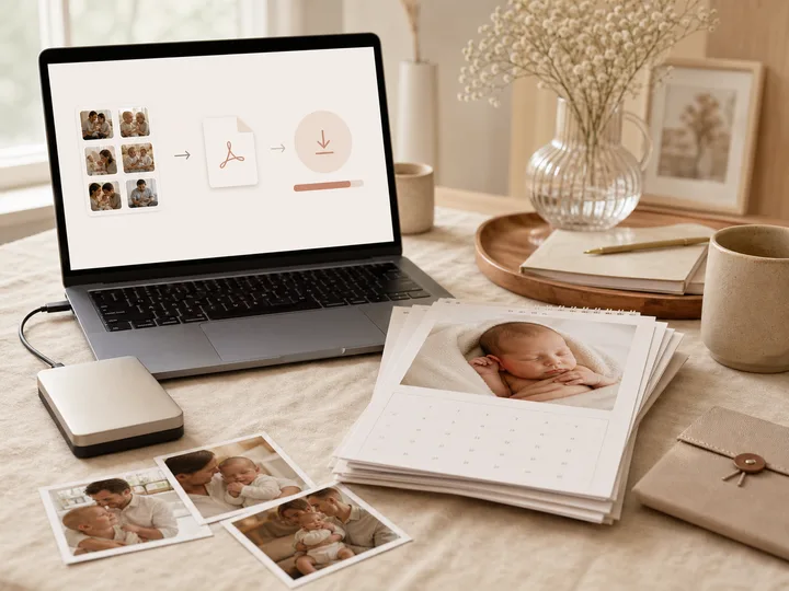 Laptop met PDF-export naast een gedrukte fotokalender