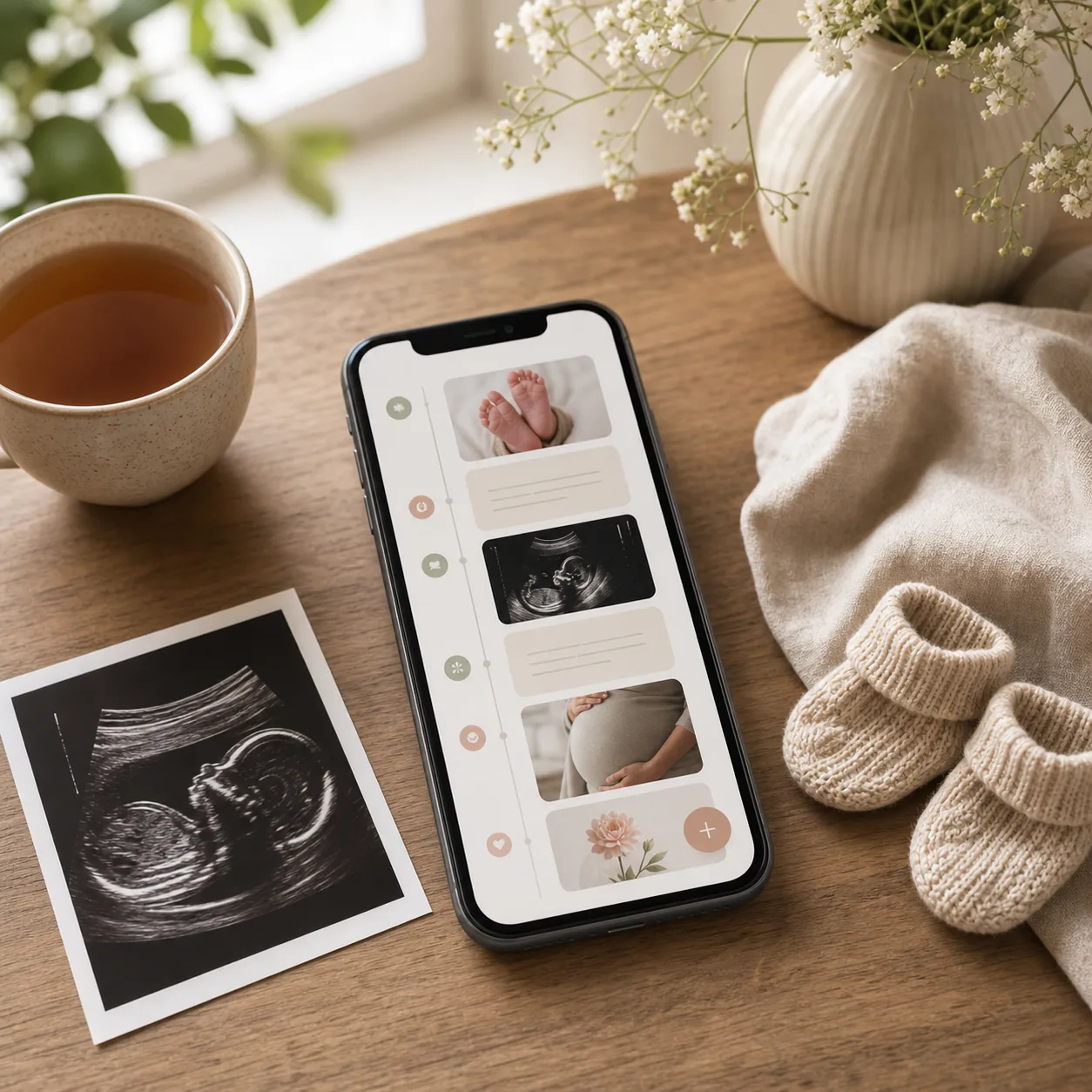 Telefoon met een digitale zwangerschapsdagboek tijdlijn naast een echo en babykleertjes
