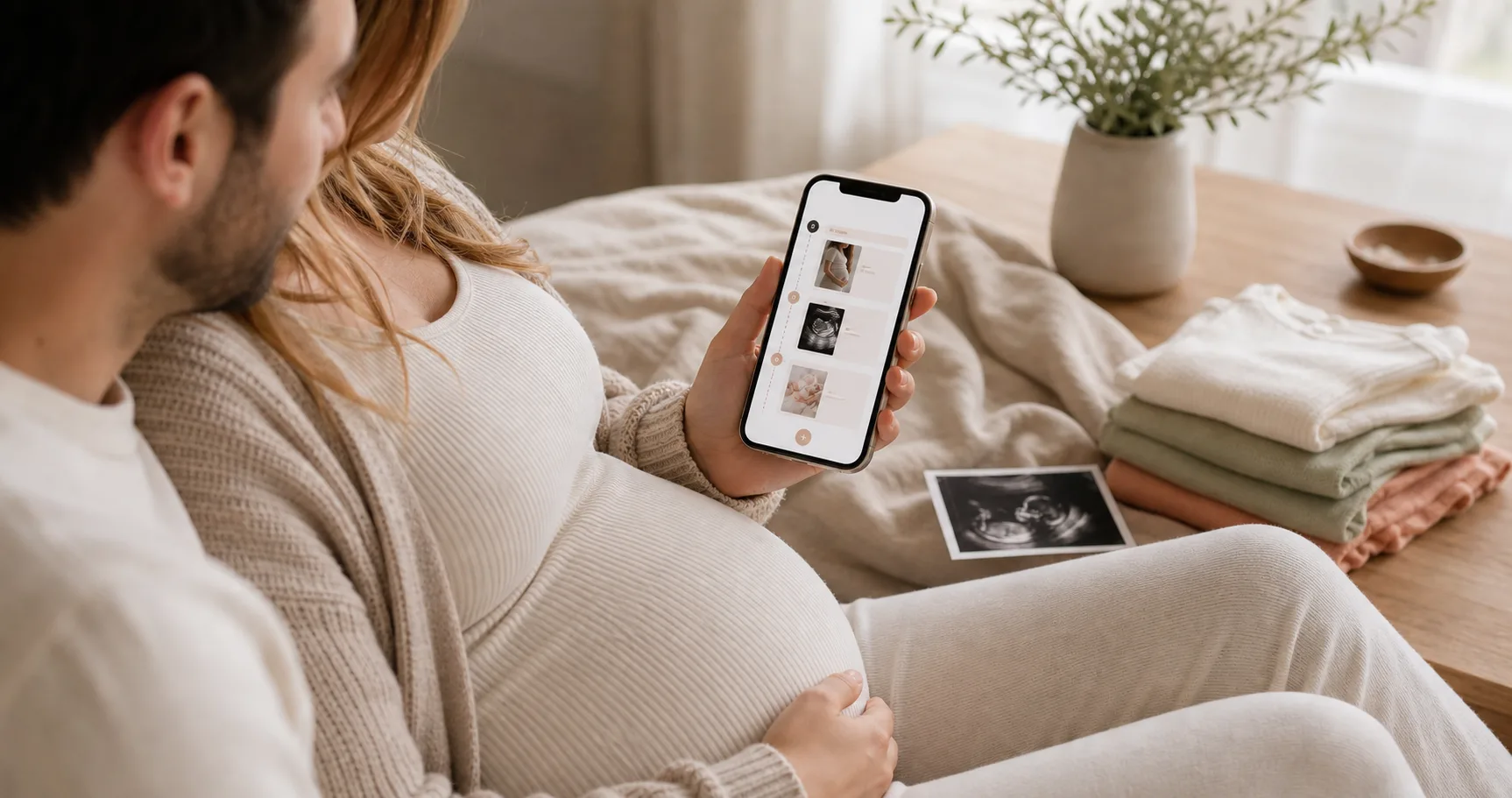 Aanstaande ouders bekijken de Small Moments zwangerschapsdagboek app op een telefoon