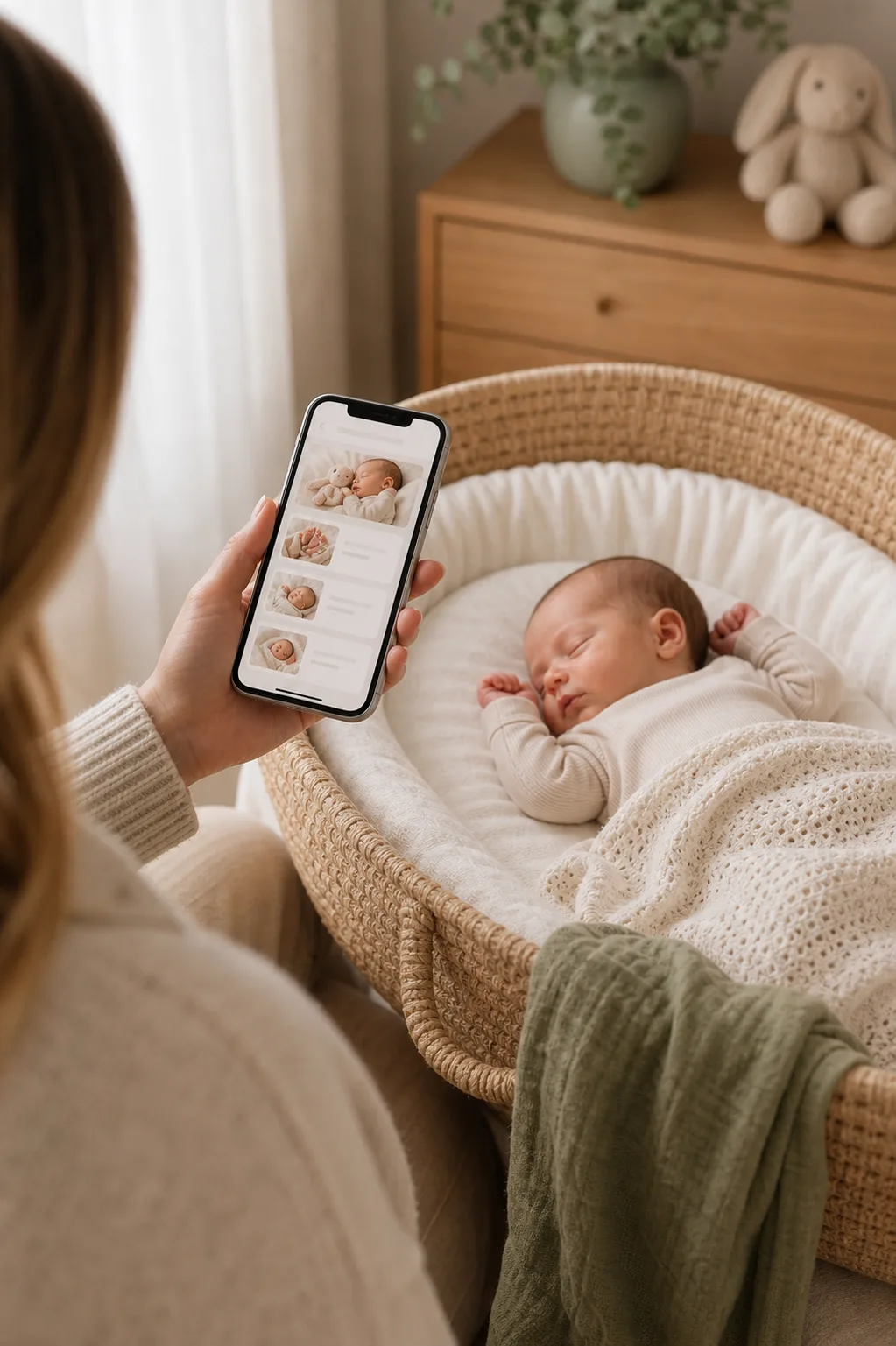 Babyboek tijdlijn in de app naast een slapende pasgeboren baby