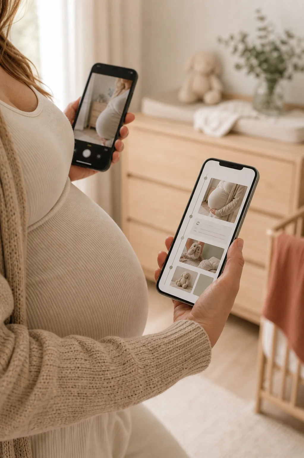 Zwangerschapsfoto wordt toegevoegd aan een digitale tijdlijn in de app